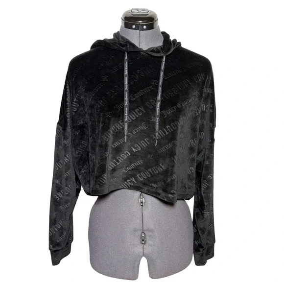 Vtg Y2K Juicy Couture Black Velour Logo Cropped Hoodie size M - Picture 5 of 12